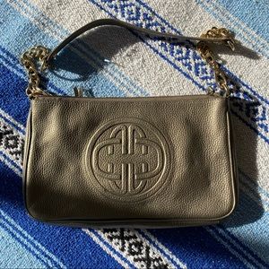 Pewter Gray Leather Shoulder Bag Purse w/Gold Chains